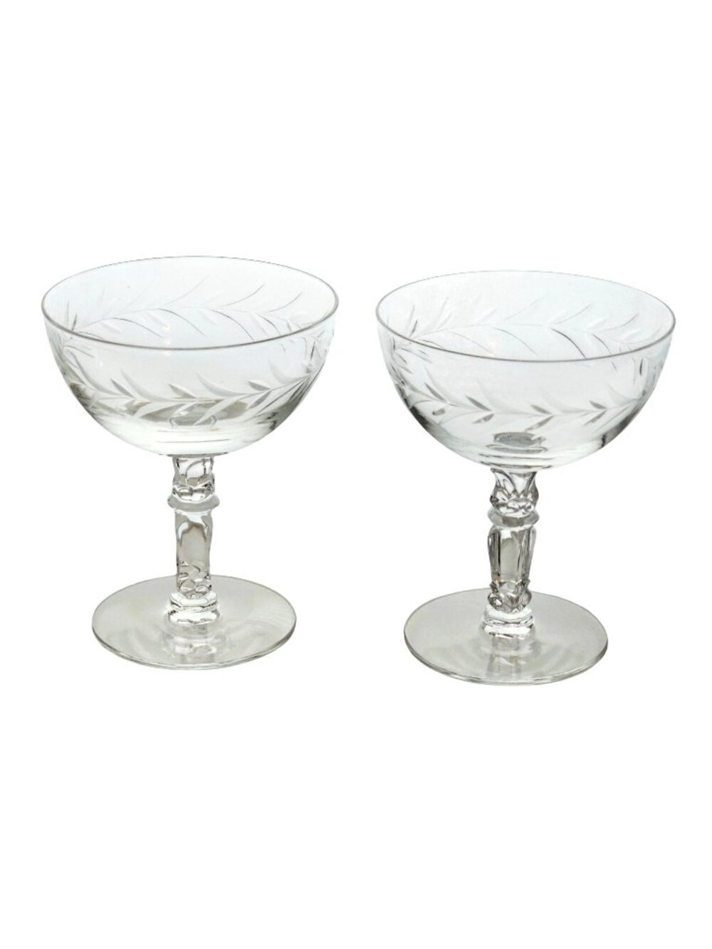 2 Fostoria Holly Champagne Coupes Glasses 4.5" sculpted stem etched cut glass - Picture 1 of 7